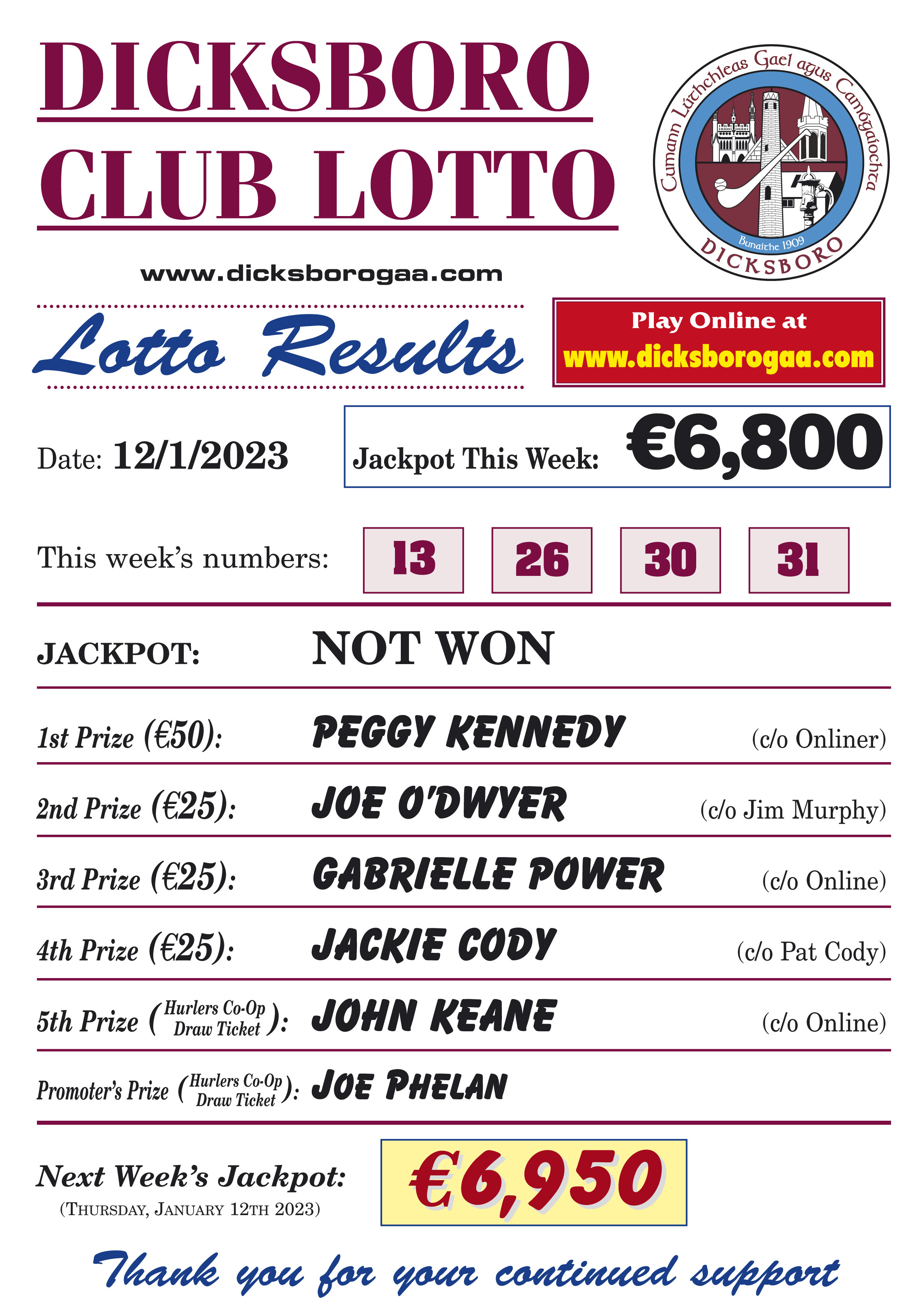 Lotto numbers for january on sale 12th