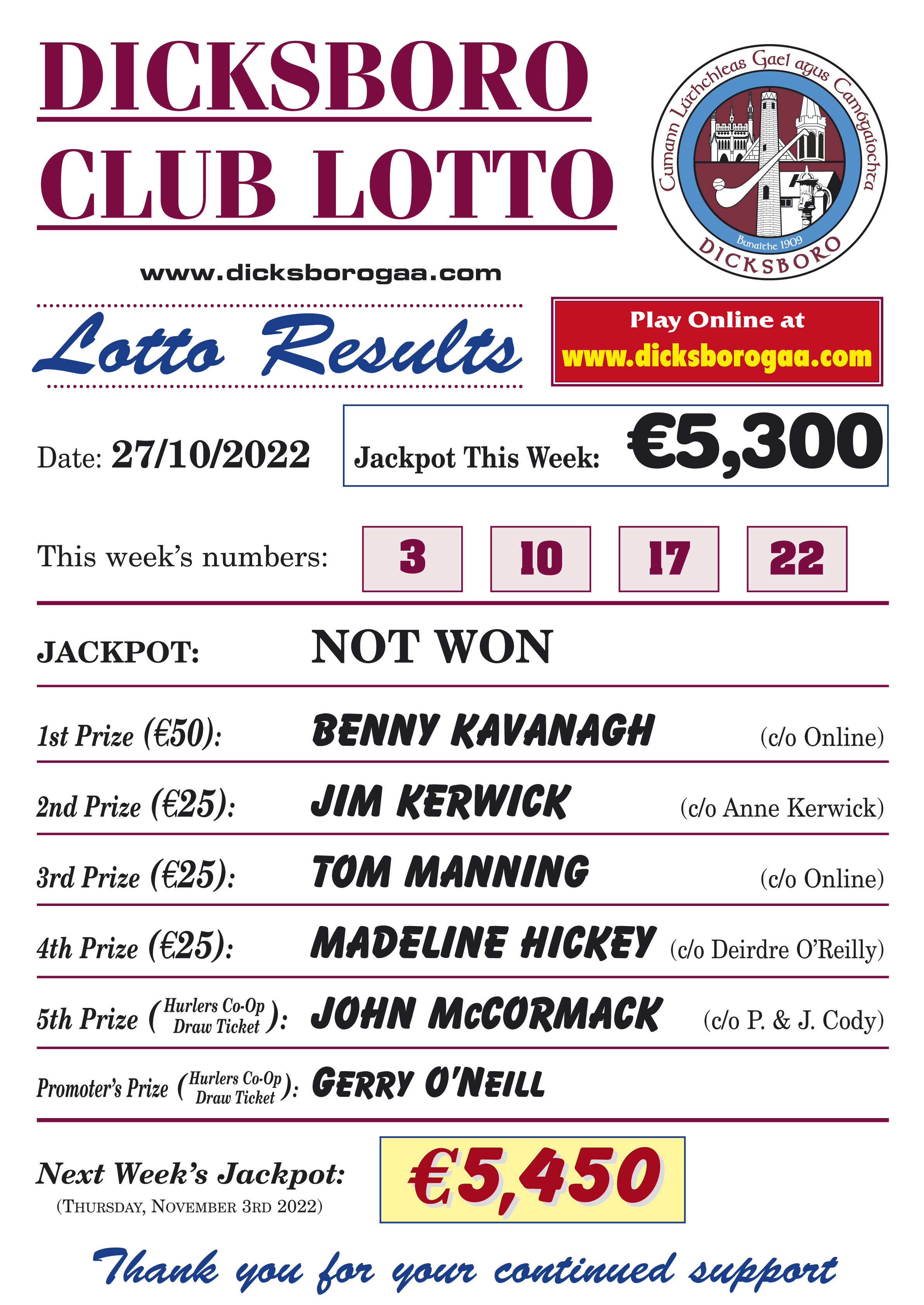 Dicksboro Dicksboro Lotto Results 27th October 2022