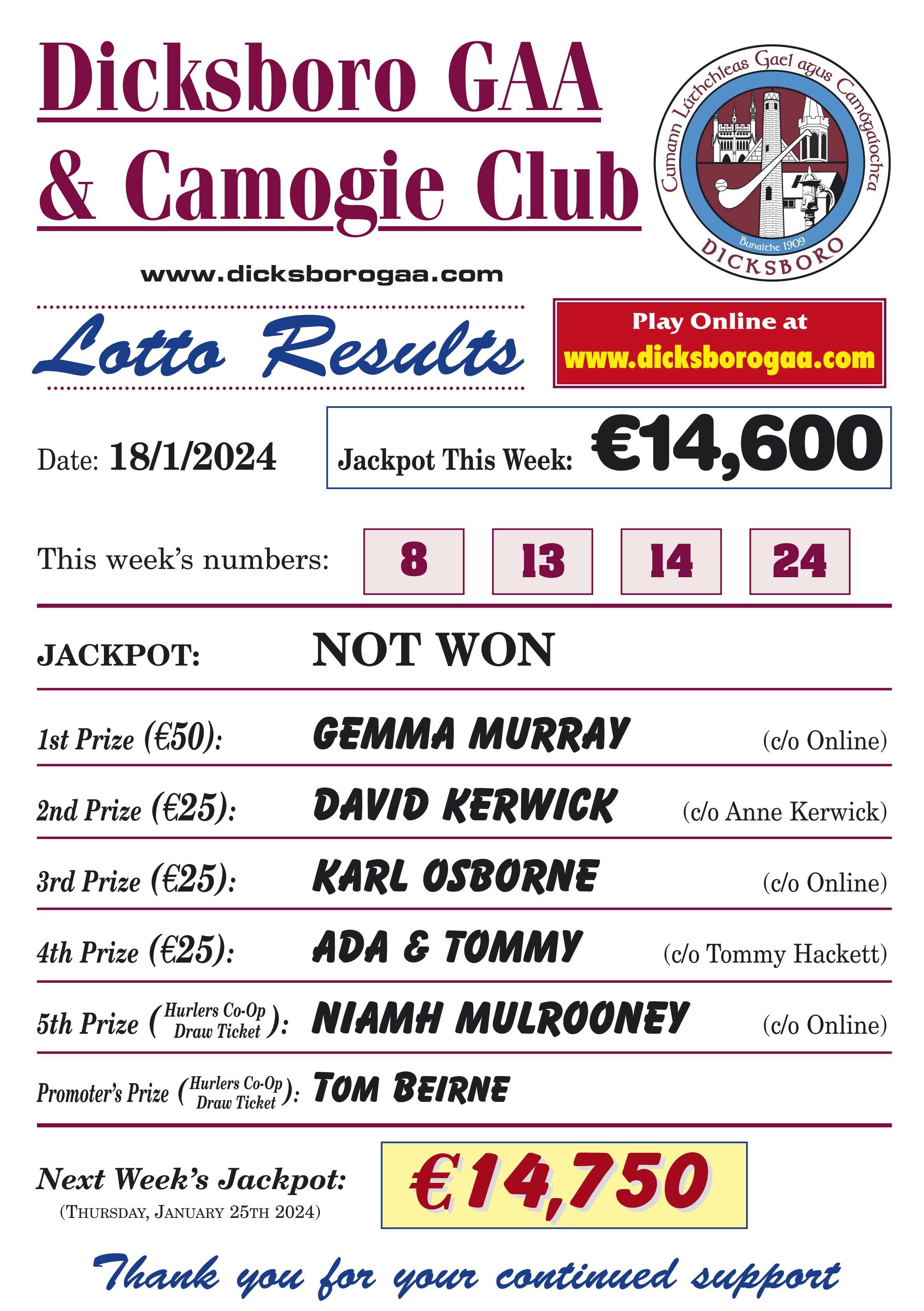 Lotto results shop 18th january 2019