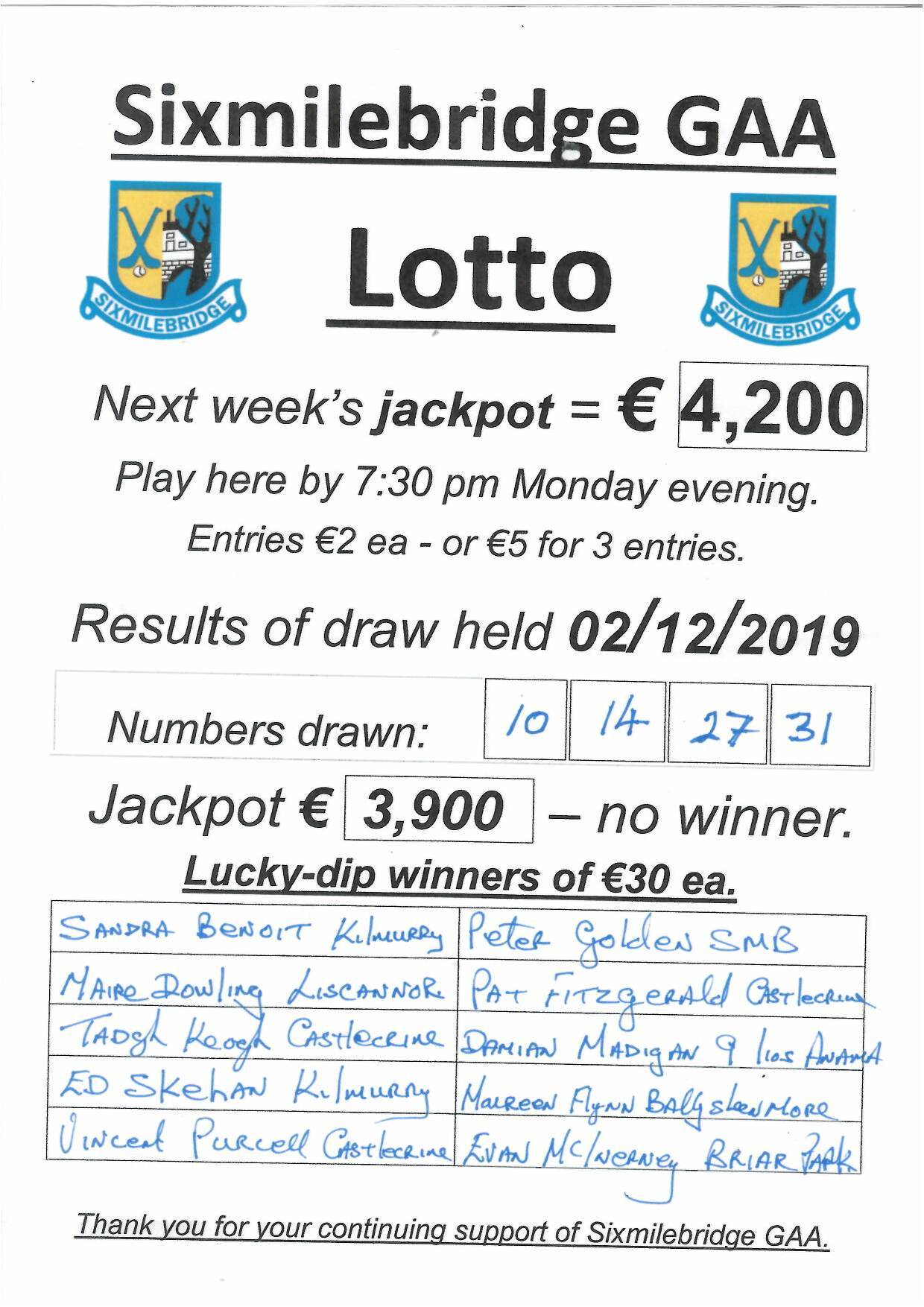 Monday lotto shop draw 3900