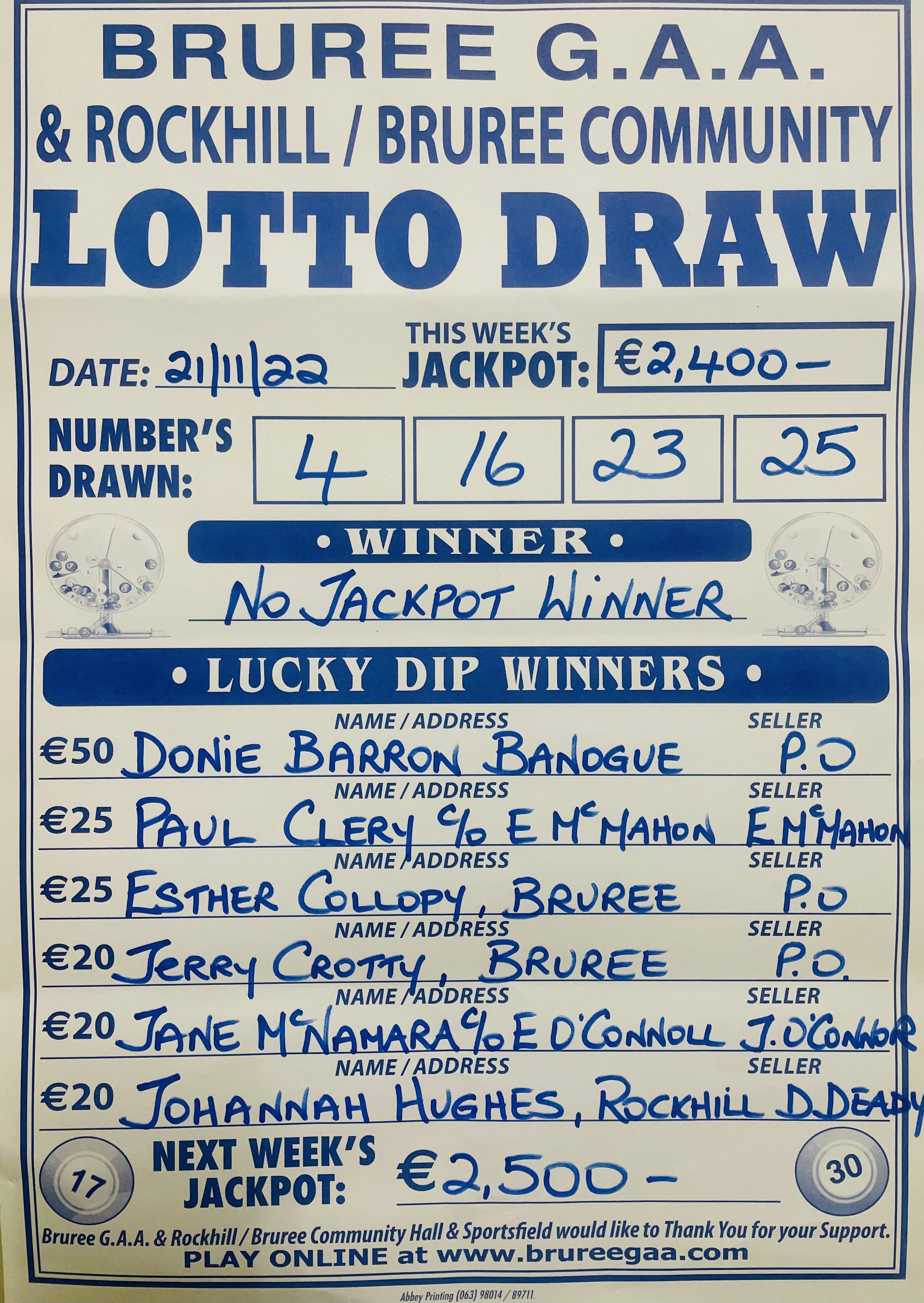 Bruree GAA Lotto Results November 21st