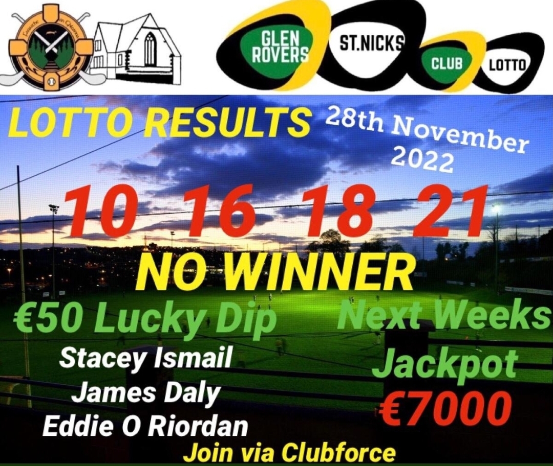 Glen Rovers Hurling Club Lotto Results 28 11 2022