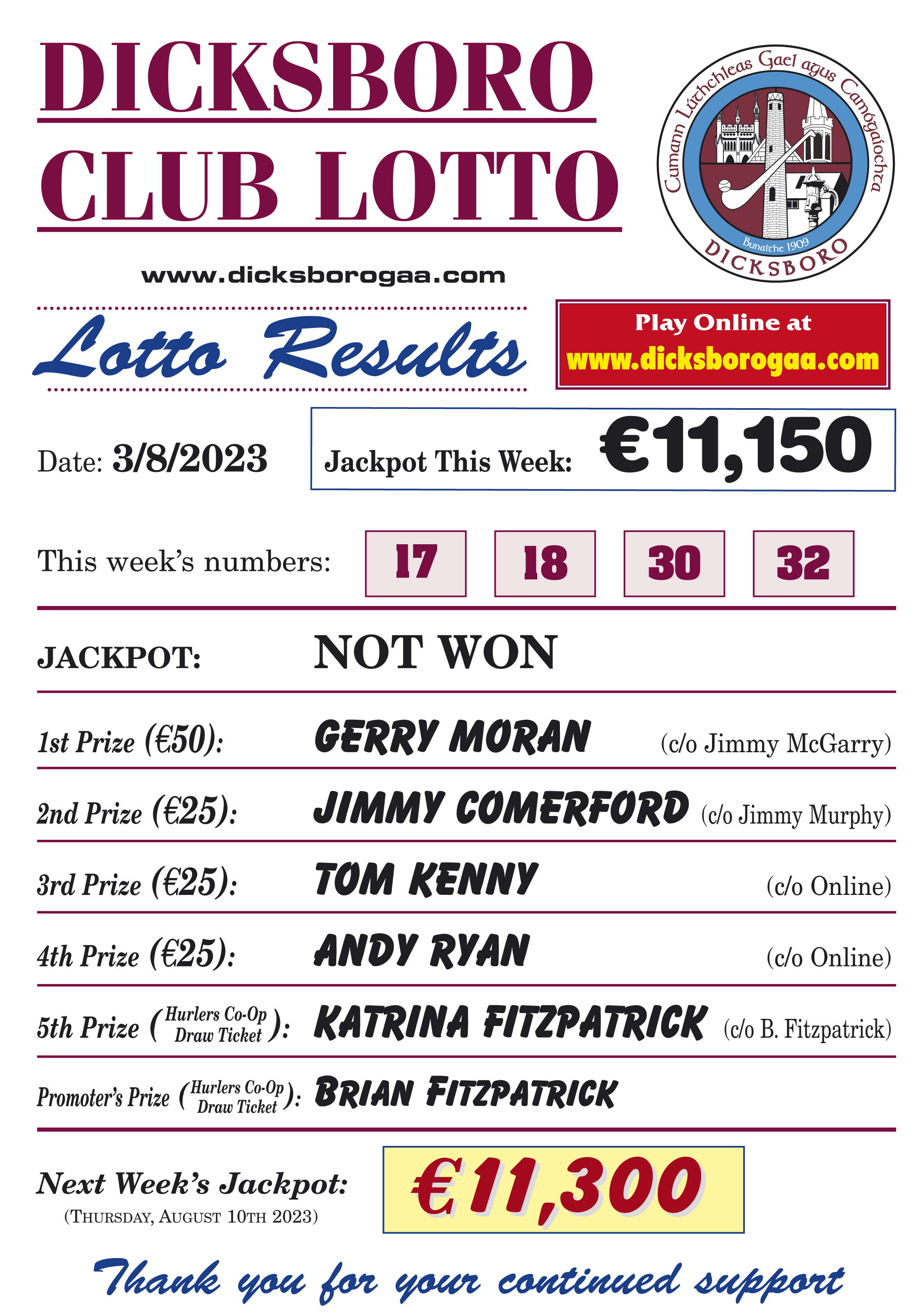 Dicksboro Dicksboro Lotto Results 3rd August 2023