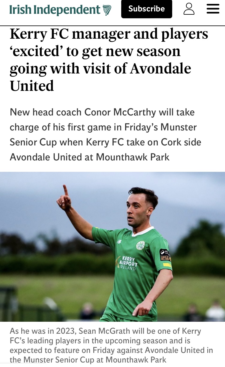 Irish Independent Article today looks at th Kerry FC side Avondale meets Friday. “Avondale United have played eight Munster Senior League games since late August, as well as walkover against Kanturk AFC and a 4-1 win over Passage AFC in the first two rounds of this competition.”