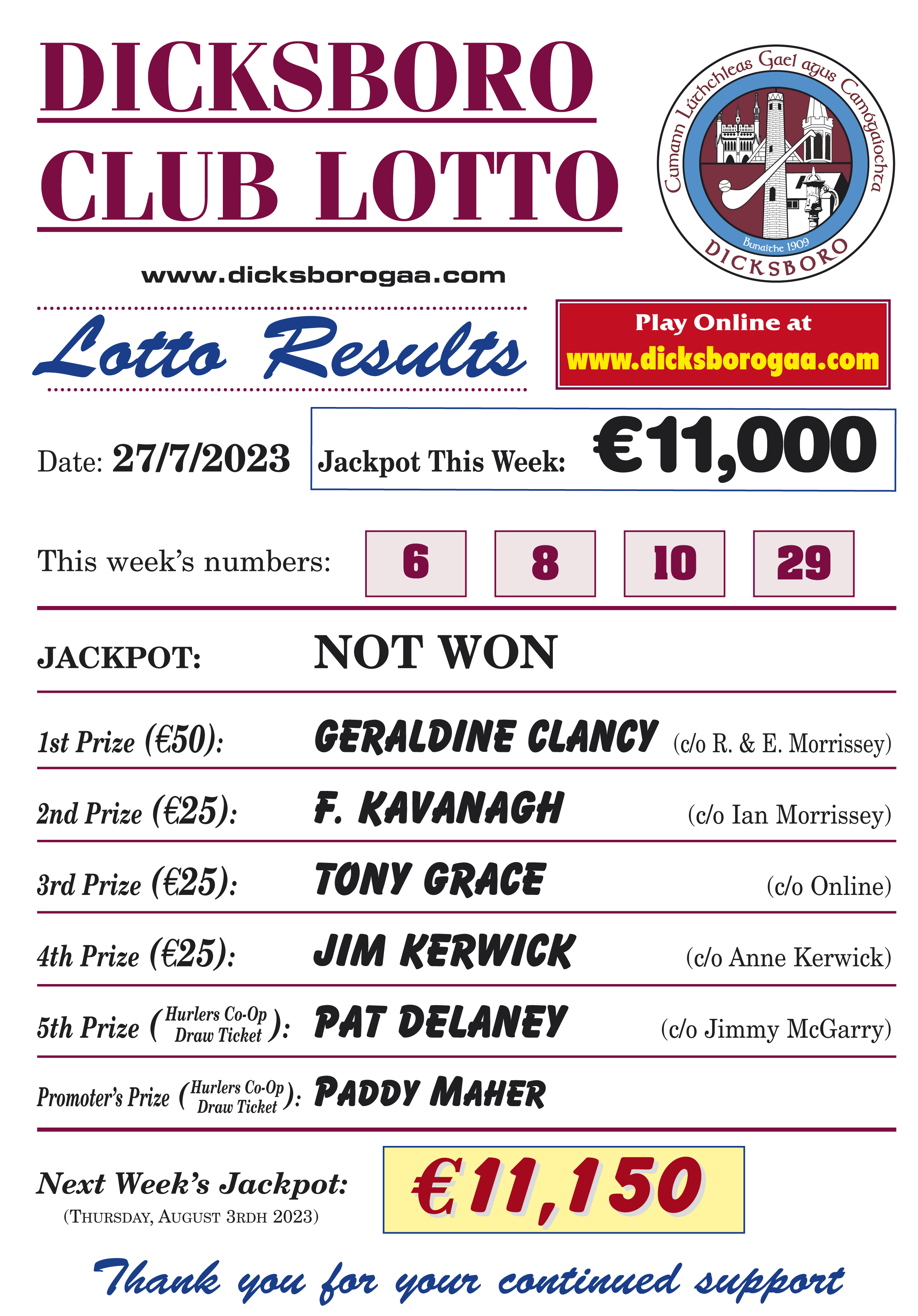 Lotto results for the store 27th of july